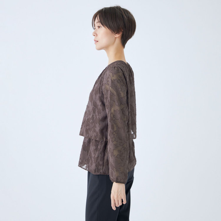 シルバーライン 【SL/長袖】カットジャカードレイヤードプルオーバーブラウス/ブラウン/ウォッシャブル 茶中間