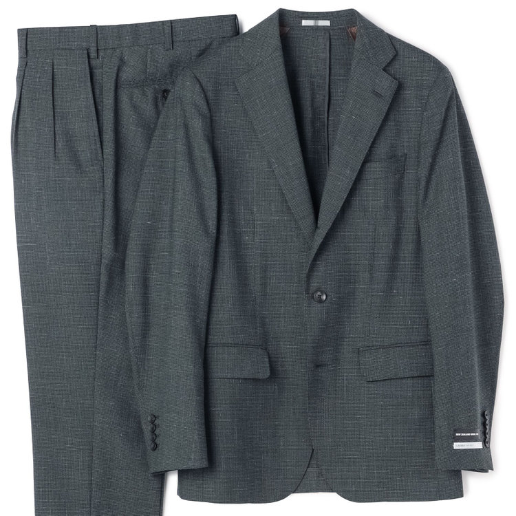 シルバーライン 【CLASSICO TAPERED】【春夏】3釦段返りシングルスーツ 2タック/カーキ×ハウンドトゥース/ウエストムーブ/NEW ZEALAND WOOL MIX/※裾上げ必要 黄淡色