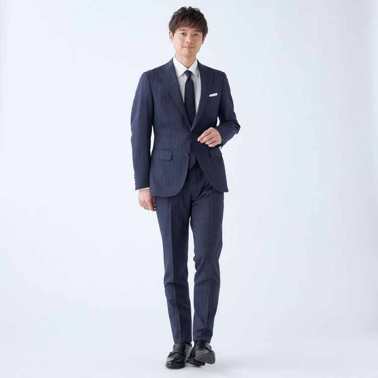 シルバーライン 【CLASSICO TAPERED】【秋冬】3釦段返りシングルスーツ 2タック/ネイビー×ストライプ/NEW ZEALAND WOOL MIX/※裾上げ必要 紺中間