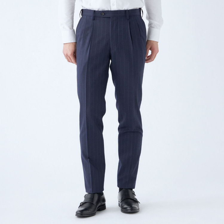シルバーライン 【CLASSICO TAPERED】【秋冬】3釦段返りシングルスーツ 2タック/ネイビー×ストライプ/NEW ZEALAND WOOL MIX/※裾上げ必要 紺中間