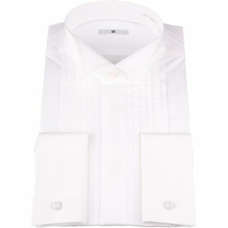 シルバーライン 【SILVER LINE】ウイングカラードレスワイシャツ/ホワイト×ソリッド+ピンタック/ダブルカフス(ゴムカフス付) 白