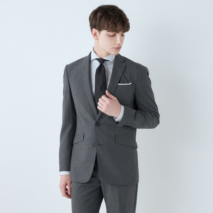 ブラックライン 【KSW】【春夏】スペアパンツ付き/2釦シングルスーツ 0タック/グレー×チェック/WASHABLE SUIT/※パンツ裾直し必要 グレー中間