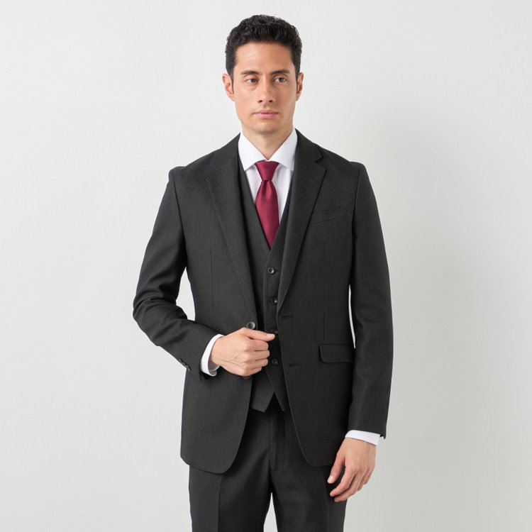 ブラックライン 【SLIM TAPERED】【年間】 2釦シングルスリーピーススーツ 0タック/ ダークブラウン×デジタルデニム  /ウエストシャーリング/ 4S TAKE OUT SUITS / ※パンツ裾上げ済仕様 緑濃色
