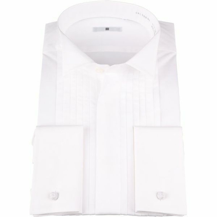 シルバーライン 【SILVER LINE】ウイングカラードレスワイシャツ/ホワイト×ソリッド+ピンタック/ダブルカフス(ゴムカフス付) 白