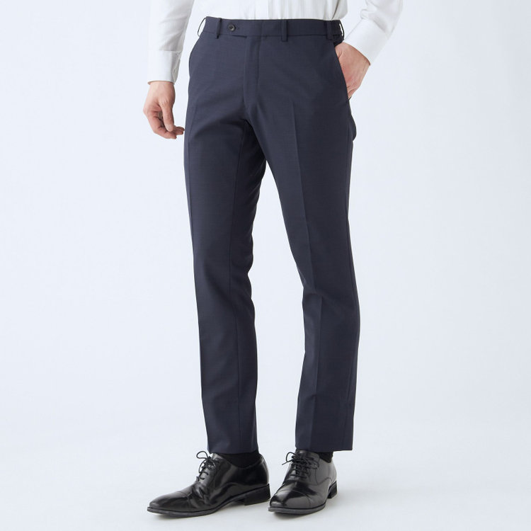 ブラックライン 【SLIM TAPERED_2】【春夏】2釦シングルスーツ 0タック/ネイビー×シャドー/ウエストシャーリング/4S SUSTAINABILITY&ECOLOGY FABRIC/※パンツ裾上げ済仕様 紺中間