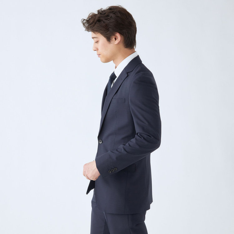 ブラックライン 【SLIM TAPERED_2】【春夏】2釦シングルスーツ 0タック/ネイビー×シャドー/ウエストシャーリング/4S SUSTAINABILITY&ECOLOGY FABRIC/※パンツ裾上げ済仕様 紺中間