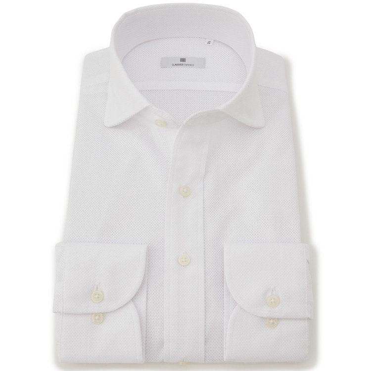 シルバーライン 【発送在庫あり】【CLASSICO TAPERED】ホリゾンタルワイドドレスワイシャツ/ホワイト×レノクロス(からみ織り) 白