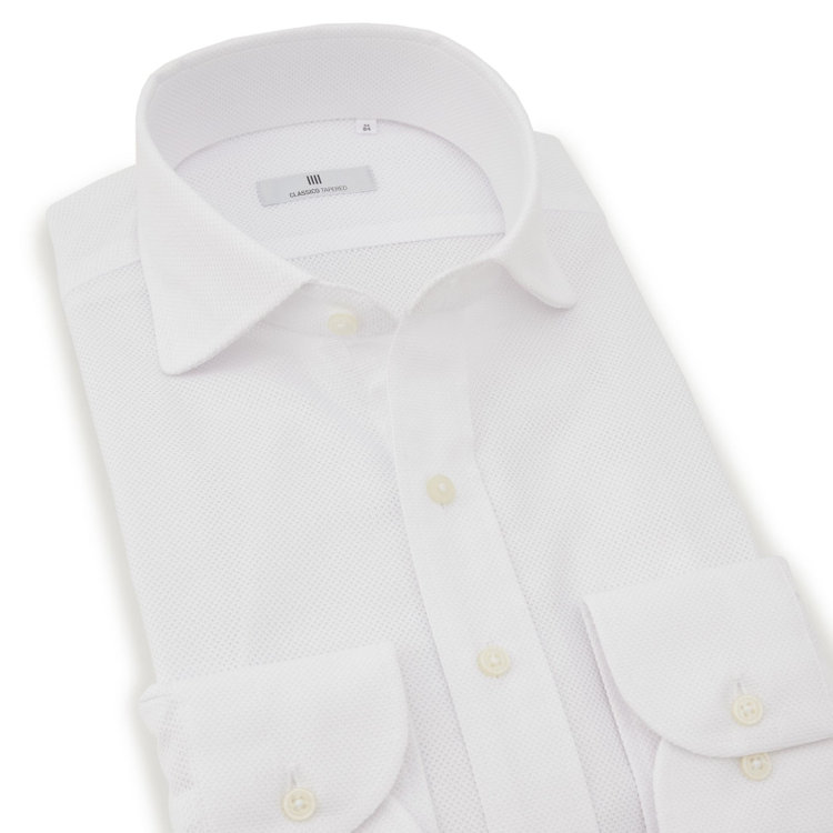 シルバーライン 【発送在庫あり】【CLASSICO TAPERED】ホリゾンタルワイドドレスワイシャツ/ホワイト×レノクロス(からみ織り) 白