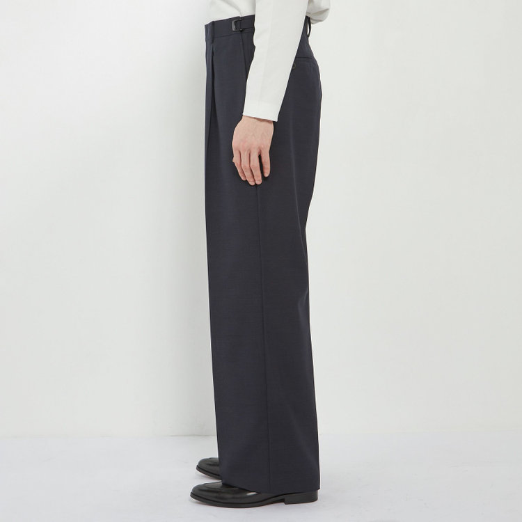 ソノタ 【BLACK LINE】【春夏】1タックワイドシルエットパンツ/ネイビー×サイロフィル/NEW ZEALAND WOOL MIX Super100’s/※裾上げ必要 紺中間