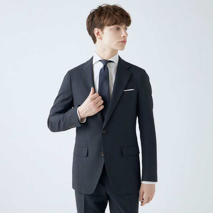 シルバーライン 【CLASSICO TAPERED】【秋冬】コーディネートパンツ付き/2釦シングルスーツ 1タック/ネイビー×グレンチェック+グレーソリッドパンツ/ウエストムーブ/4S SUSTAINABILITY&ECOLOGY FABRIC/※パンツ裾上げ済仕様 紺濃色