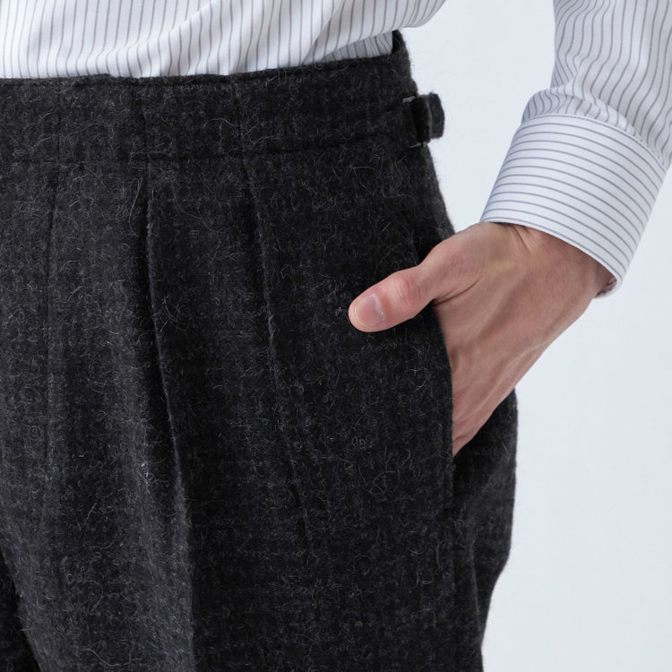 シルバーライン 【発送在庫あり】【Just Loose】【秋冬】ウールブレンドパンツ 2タック/ブラック×チェック+ツイード/MALLALIEUS 1863 woven in england/※裾上げ必要 黒