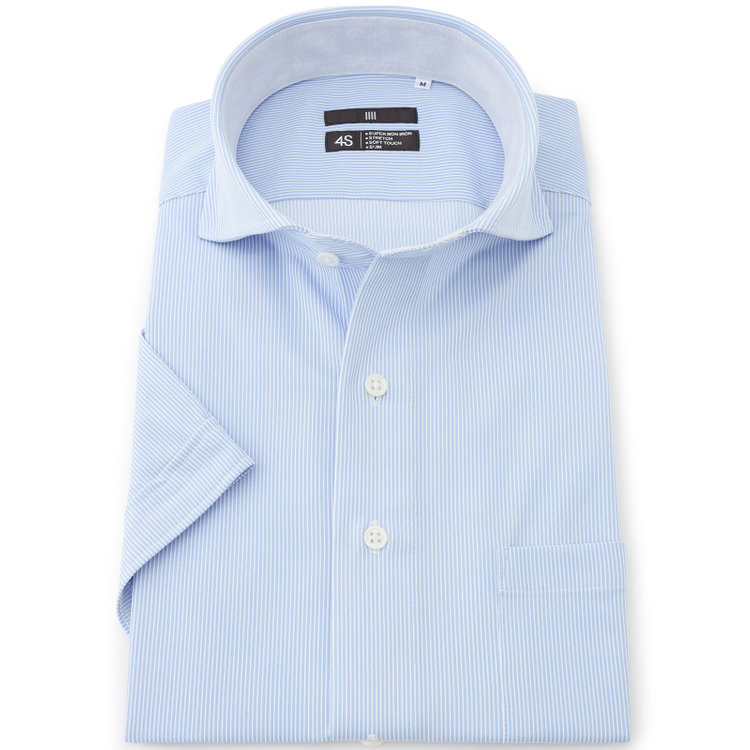 ブラックライン 【BLACK LINE/半袖】ホリゾンタルワイドワイシャツ/ブルー×ホワイトストライプ/襟裏別布/「氷撃」冷感PRINT「4S」スーパーノンアイロン・ストレッチ 青中間