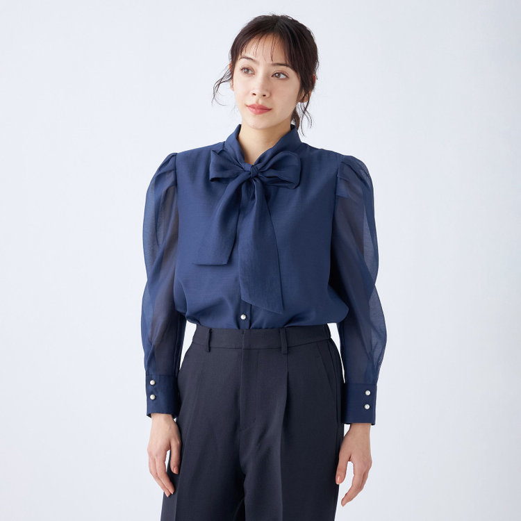 スーツセレクト 【Lady Like BLOUSE】【長袖】ボウタイブラウス/ネイビー 紺中間