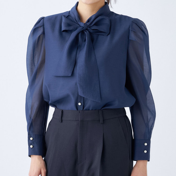 スーツセレクト 【Lady Like BLOUSE】【長袖】ボウタイブラウス/ネイビー 紺中間