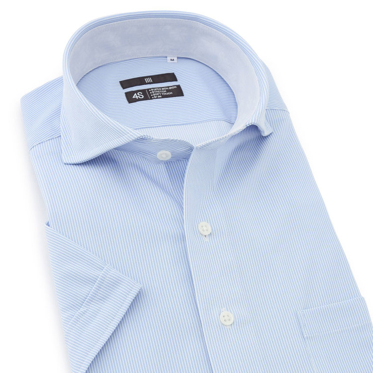 ブラックライン 【BLACK LINE/半袖】ホリゾンタルワイドワイシャツ/ブルー×ホワイトストライプ/襟裏別布/「氷撃」冷感PRINT「4S」スーパーノンアイロン・ストレッチ 青中間