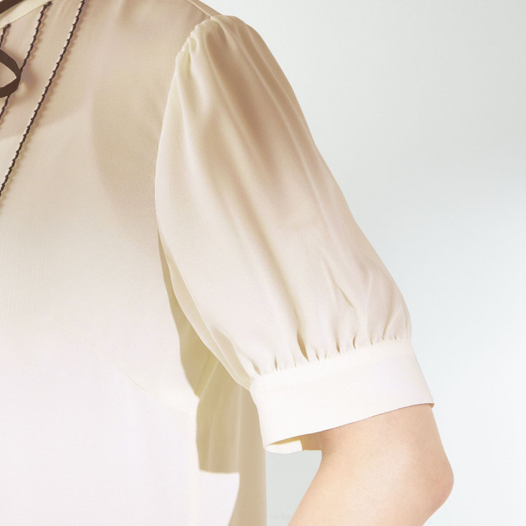 スーツセレクト 【半袖】リボン付きバンドカラーブラウス/ベージュ 茶淡色