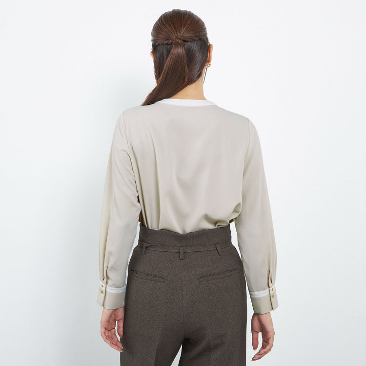 シルバーライン 【SL/長袖】ボウタイライクプルオーバー/ベージュ+ホワイト/「ウォッシャブル」「ストレッチ」「防シワ」「UV加工」「静電気防止」 茶淡色