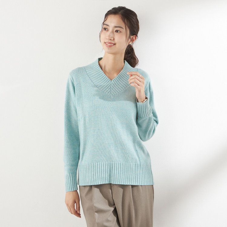 シルバーライン 天竺Vネックニット/ブルーグリーン グレー中間