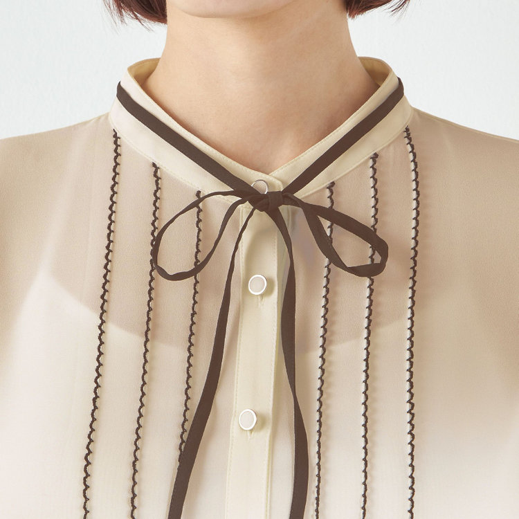 スーツセレクト 【半袖】リボン付きバンドカラーブラウス/ベージュ 茶淡色