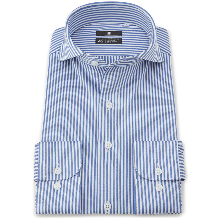 ブラックライン 【発送在庫あり】【WEB限定】【BLACK LINE】ホリゾンタルワイドワイシャツ/ネイビー＆ホワイト×ストライプ/「4S」スーパーノンアイロン・ストレッチ 白