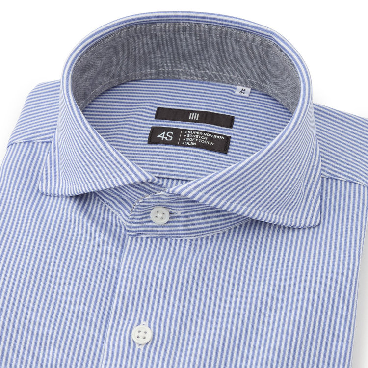 ブラックライン 【発送在庫あり】【BLACK LINE】ホリゾンタルワイドワイシャツ/ブルー＆ホワイト×ストライプ/襟袖裏別布/「氷撃」冷感PRINT「4S」スーパーノンアイロン・ストレッチ 青中間