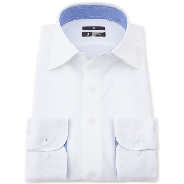 ブラックライン 【発送在庫あり】【WEB限定】【BLACK LINE】ワイドカラーワイシャツ/ホワイト×ドビー/襟袖裏別布：ブルー×プレイド/「4S」スーパーノンアイロン・ストレッチ 白