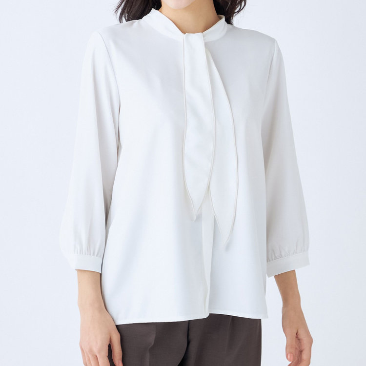 シルバーライン 【SILVER LINE/7分袖】配色メロウボウタイプルオーバー/ホワイト/「ウォッシャブル可能」「2WAYストレッチ」「防シワ」「UV加工」「接触冷感」 白