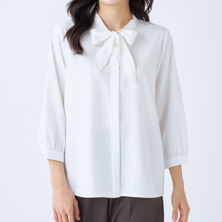 シルバーライン 【SILVER LINE/7分袖】配色メロウボウタイプルオーバー/ホワイト/「ウォッシャブル可能」「2WAYストレッチ」「防シワ」「UV加工」「接触冷感」 白