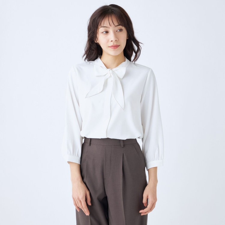 シルバーライン 【SILVER LINE/7分袖】配色メロウボウタイプルオーバー/ホワイト/「ウォッシャブル可能」「2WAYストレッチ」「防シワ」「UV加工」「接触冷感」 白