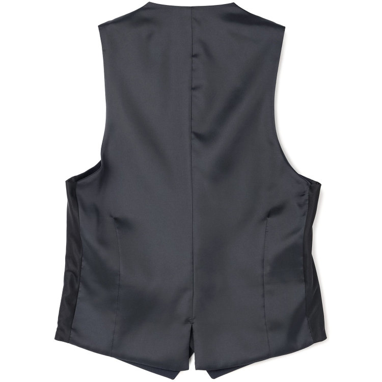 ブラックライン 【SLIM TAPERED_2】【年間】2釦シングルスリーピーススーツ 0タック/ネイビー×シャドーストライプ/ウエストシャーリング/4S SUSTAINABILITY&ECOLOGY FABRIC/リバーシブルベスト仕様（グレー）/※パンツ裾上げ済仕様 紺濃色