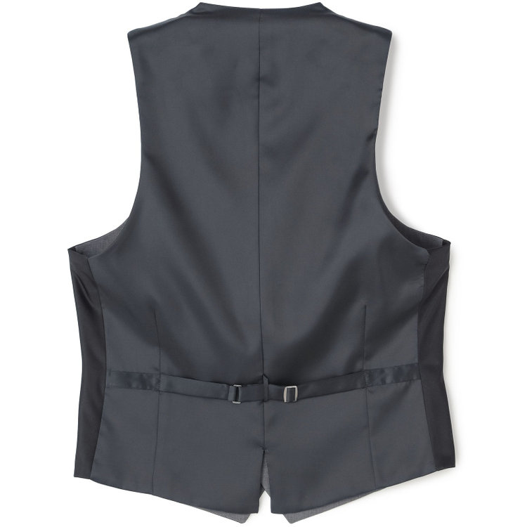 ブラックライン 【SLIM TAPERED_2】【年間】2釦シングルスリーピーススーツ 0タック/ネイビー×シャドーストライプ/ウエストシャーリング/4S SUSTAINABILITY&ECOLOGY FABRIC/リバーシブルベスト仕様（グレー）/※パンツ裾上げ済仕様 紺濃色