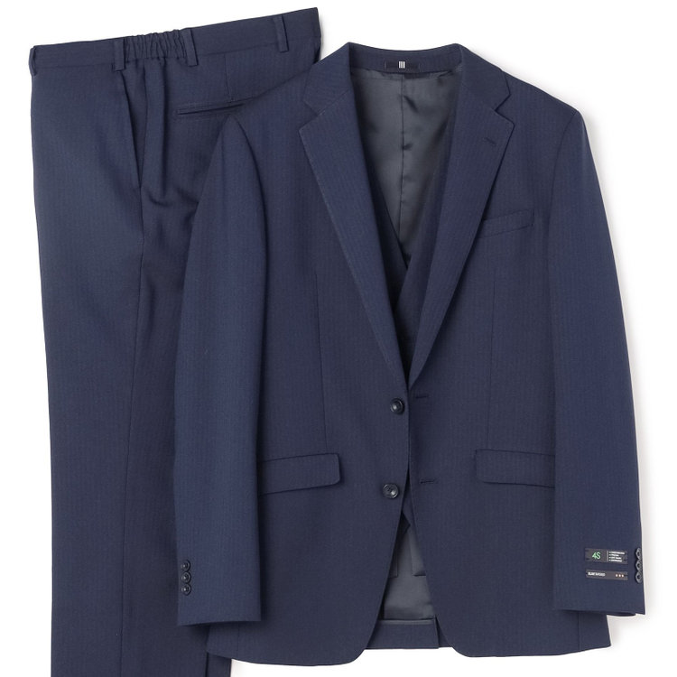 ブラックライン 【SLIM TAPERED_2】【年間】2釦シングルスリーピーススーツ 0タック/ネイビー×シャドーストライプ/ウエストシャーリング/4S SUSTAINABILITY&ECOLOGY FABRIC/リバーシブルベスト仕様（グレー）/※パンツ裾上げ済仕様 紺濃色
