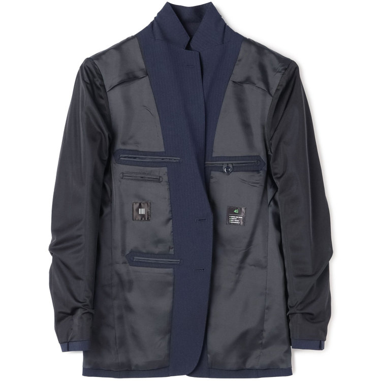 ブラックライン 【SLIM TAPERED_2】【年間】2釦シングルスリーピーススーツ 0タック/ネイビー×シャドーストライプ/ウエストシャーリング/4S SUSTAINABILITY&ECOLOGY FABRIC/リバーシブルベスト仕様（グレー）/※パンツ裾上げ済仕様 紺濃色