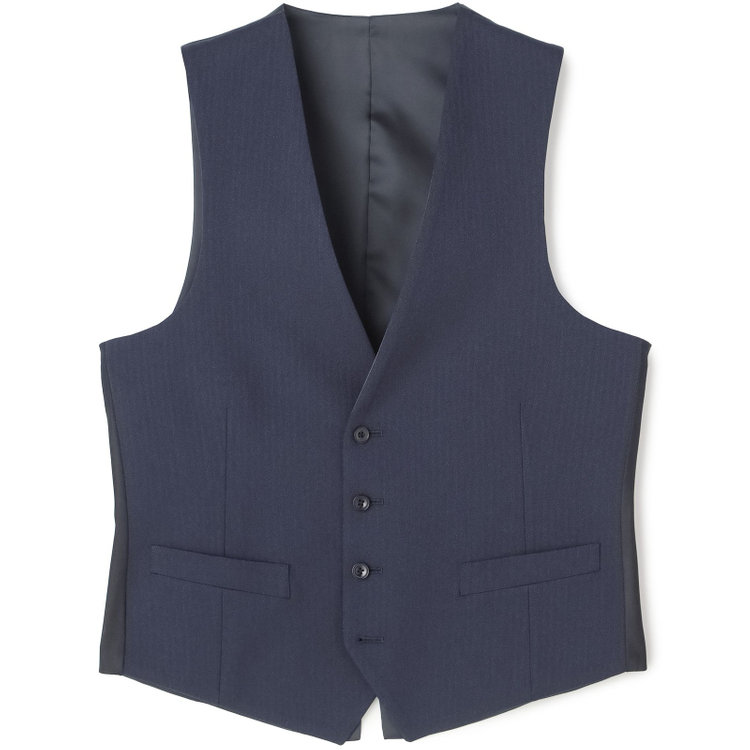 ブラックライン 【SLIM TAPERED_2】【年間】2釦シングルスリーピーススーツ 0タック/ネイビー×シャドーストライプ/ウエストシャーリング/4S SUSTAINABILITY&ECOLOGY FABRIC/リバーシブルベスト仕様（グレー）/※パンツ裾上げ済仕様 紺濃色