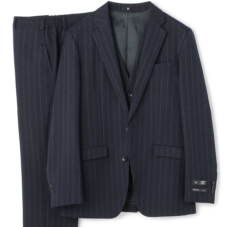 ブラックライン 【発送在庫あり】【SLIM TAPERED_2】【秋冬】2釦シングルスリーピーススーツ 0タック/ネイビー×ストライプ/ウエストシャーリング/4S SUSTAINABILITY&ECOLOGY FABRIC/※パンツ裾上げ済仕様 紺濃色