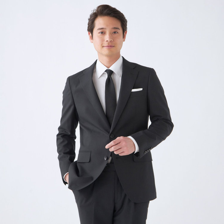 シルバーライン 【CLASSICO TAPERED】【年間】スペアパンツ付き/2釦シングルスーツ 1タック/ブラック×ストライプ/ウエストシャーリング仕様/ウォッシャブル/※裾上げ必要 黒