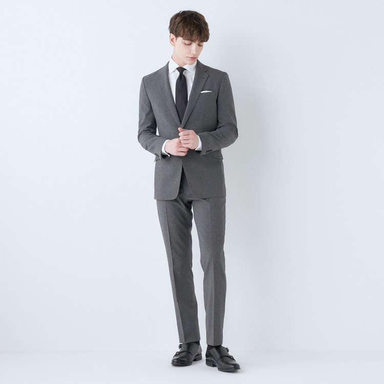 ブラックライン 【SLIM TAPERED_2】【春夏】2釦シングルスーツ 0タック/グレー&ブラック×ハウンドトゥース/ウエストシャーリング/4S SUSTAINABILITY&ECOLOGY FABRIC/※パンツ裾上げ済仕様 グレー濃色