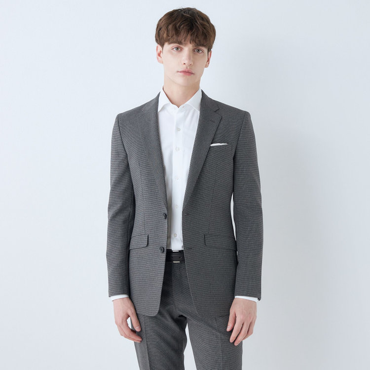ブラックライン 【SLIM TAPERED_2】【春夏】2釦シングルスーツ 0タック/グレー&ブラック×ハウンドトゥース/ウエストシャーリング/4S SUSTAINABILITY&ECOLOGY FABRIC/※パンツ裾上げ済仕様 グレー濃色