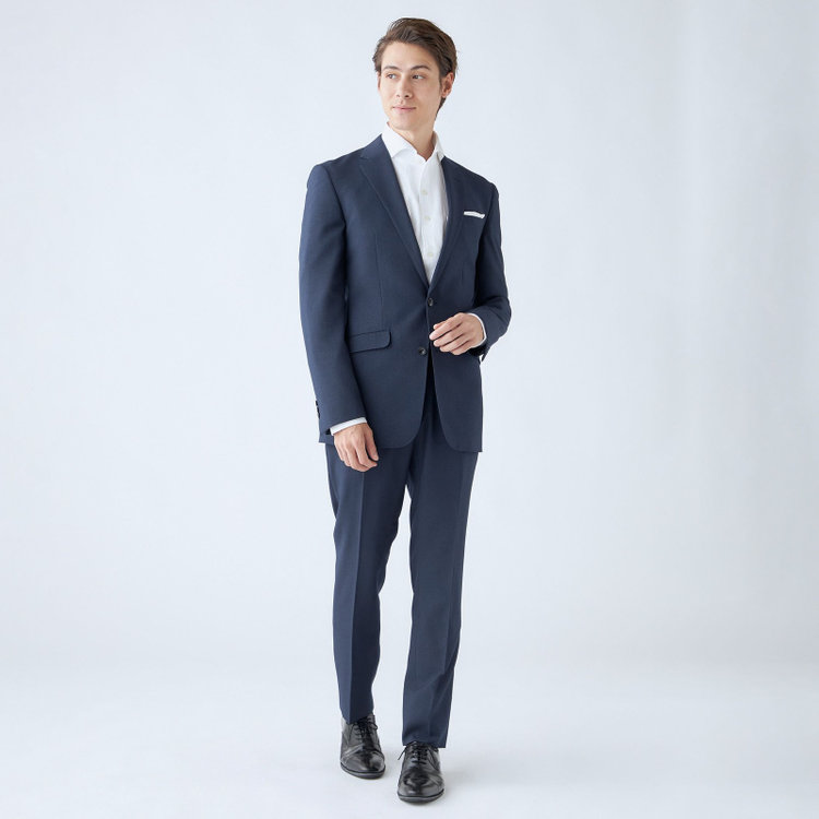 ブラックライン 【SLIM TAPERED_2】【年間】2釦シングルスーツ 0タック/ネイビー/ウエストシャーリング/4S SUSTAINABILITY&ECOLOGY FABRIC/ウォッシャブル/※パンツ裾上げ済仕様 紺中間