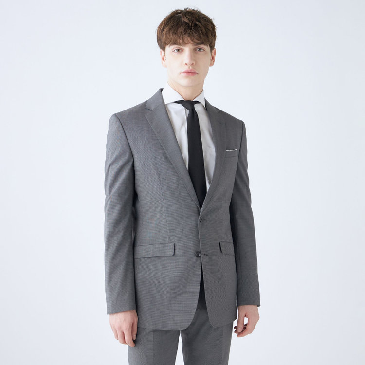 ブラックライン 【SLIM TAPERED_2】【春夏】2釦シングルスーツ 0タック/グレー/ウエストシャーリング/4S SUSTAINABILITY&ECOLOGY FABRIC/ウォッシャブル/※パンツ裾上げ済仕様 グレー中間