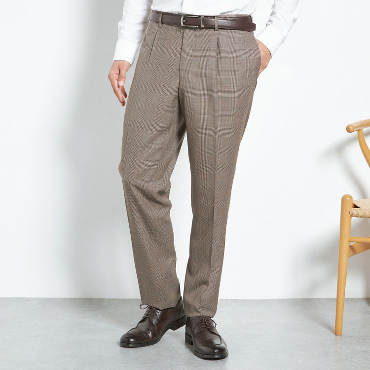 シルバーライン 【CLASSICO TAPERED】【春夏】1タックテーパードパンツ/ブラウン×グレンチェック/ウエストムーブ/※裾上げ必要 茶中間