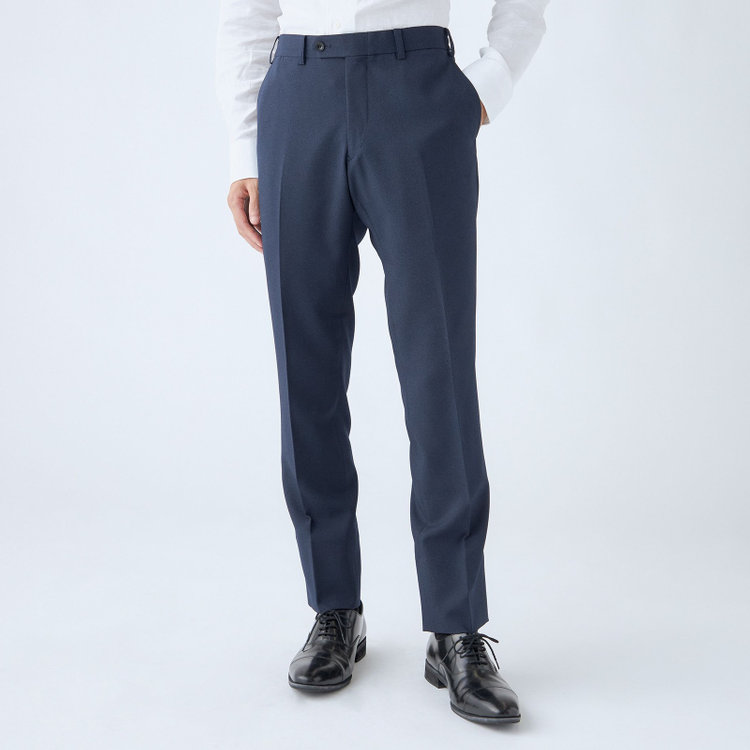 ブラックライン 【SLIM TAPERED_2】【年間】2釦シングルスーツ 0タック/ネイビー/ウエストシャーリング/4S SUSTAINABILITY&ECOLOGY FABRIC/ウォッシャブル/※パンツ裾上げ済仕様 紺中間
