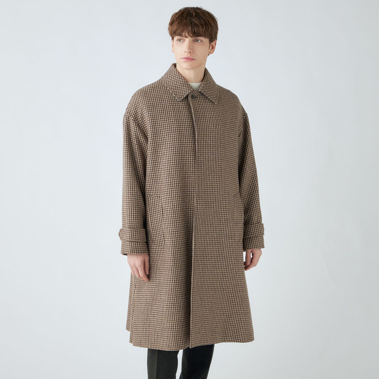 シルバーライン 【発送在庫あり】【SL】ウールブレンドステンカラードロップショルダーデュアリティサイドスリットコート/ベージュ＆ブラウン×チェック/140S BLENDED EXTRA FINE MERINO WOOL 茶中間