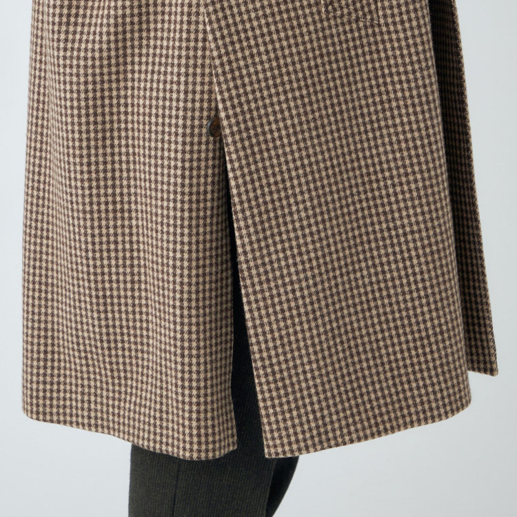 シルバーライン 【発送在庫あり】【SL】ウールブレンドステンカラードロップショルダーデュアリティサイドスリットコート/ベージュ＆ブラウン×チェック/140S BLENDED EXTRA FINE MERINO WOOL 茶中間