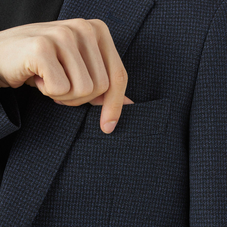 シルバーライン 【CLASSICO TAPERED】【秋冬】コーディネートパンツ付き/2釦シングルスーツ 1タック/ネイビー×ハウンドトゥース+グレーソリッドパンツ/ウエストムーブ/4S SUSTAINABILITY&ECOLOGY FABRIC/※パンツ裾上げ済仕様 青中間