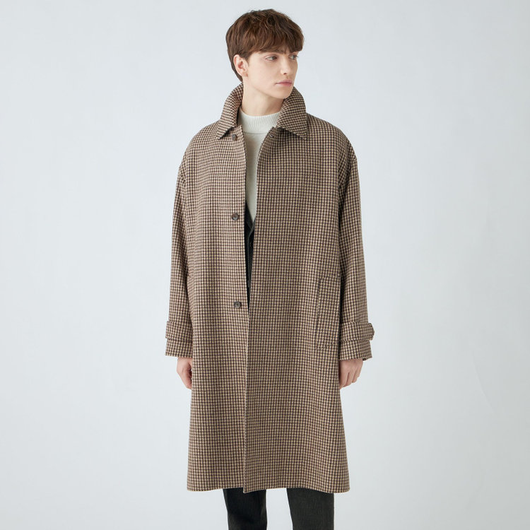 シルバーライン 【発送在庫あり】【SL】ウールブレンドステンカラードロップショルダーデュアリティサイドスリットコート/ベージュ＆ブラウン×チェック/140S BLENDED EXTRA FINE MERINO WOOL 茶中間