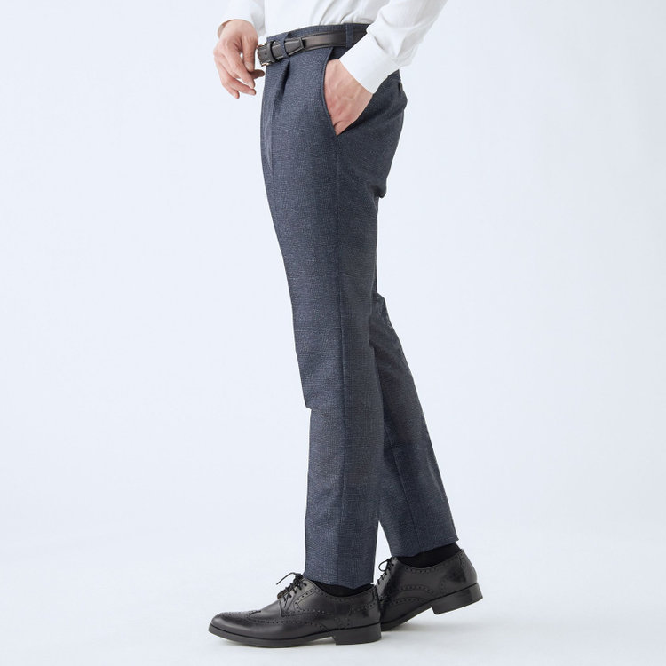 シルバーライン 【RBC】【春夏】ポリエステル1タックテーパードパンツ/ネイビー×チェック/ウエストムーブ仕様/4S SUSTAINABILITY&ECOLOGY FABRIC/※裾上げ必要 紺中間