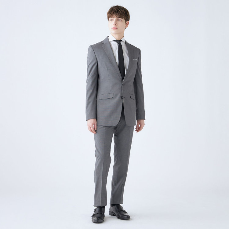 ブラックライン 【SLIM TAPERED_2】【春夏】2釦シングルスーツ 0タック/グレー/ウエストシャーリング/4S SUSTAINABILITY&ECOLOGY FABRIC/ウォッシャブル/※パンツ裾上げ済仕様 グレー中間