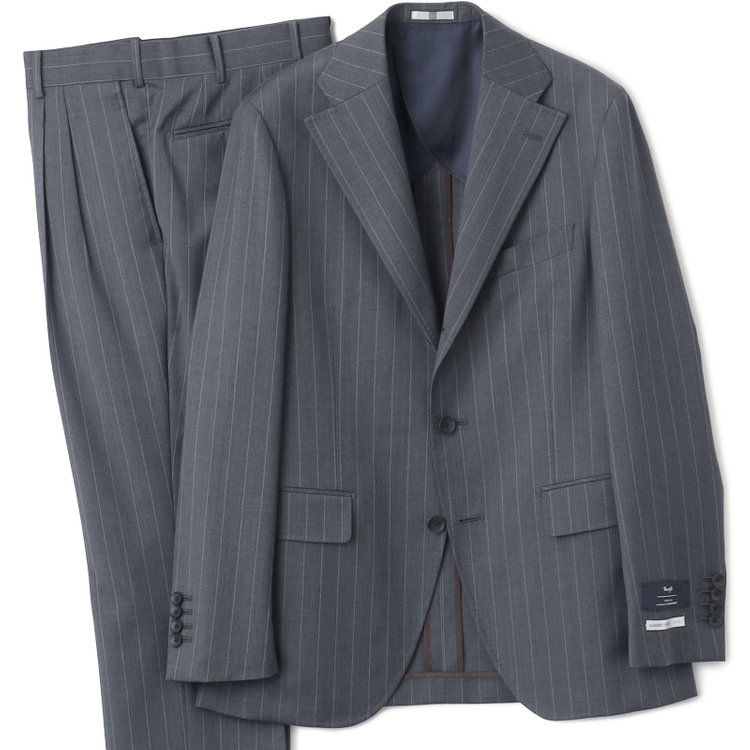シルバーライン 【CLASSICO TAPERED】【春夏】3釦段返りシングルスーツ 2タック/グレー×ストライプ/ウエストムーブ仕様/MARZOTTO/※パンツ裾直し必要 グレー中間