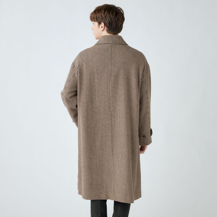 シルバーライン 【発送在庫あり】【SL】ウールブレンドステンカラードロップショルダーデュアリティサイドスリットコート/ベージュ＆ブラウン×チェック/140S BLENDED EXTRA FINE MERINO WOOL 茶中間